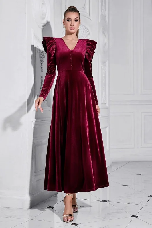 Ombre Dresses with Gradient Colors for Ladies' Stunning Visual AppealA Line V Neck Burgundy Ruffled Long Velvet Prom Dress