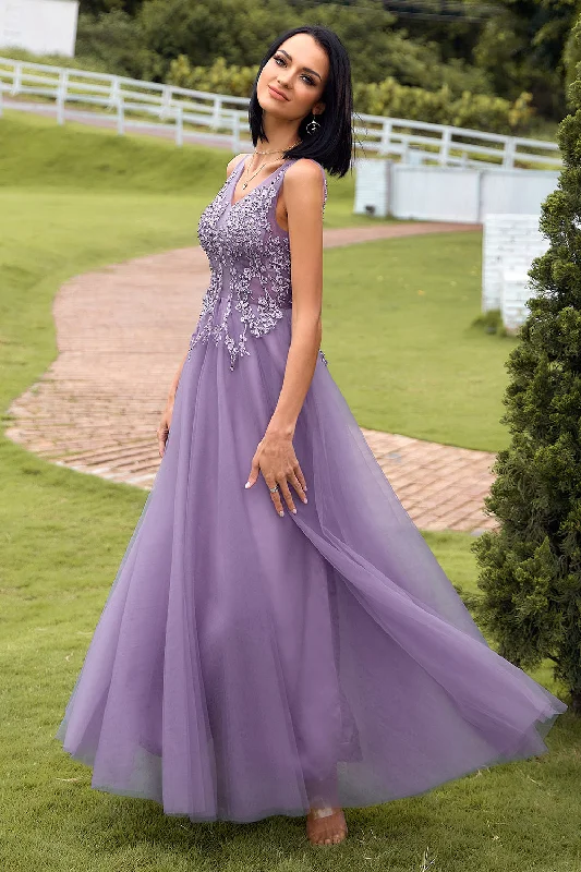 Tube Dresses with Beaded Waistband for Ladies' Simple and Chic StyleA Line V Neck Purple Long Prom Dress with Appliques