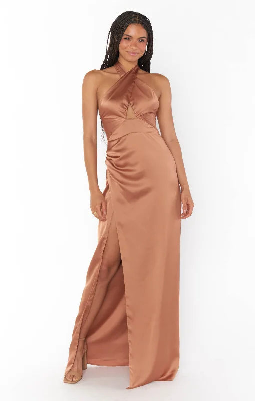 Maxi Dresses with Cinched Waists to Show Off FiguresAdele Halter Maxi Dress ~ Copper Luxe Satin Maxi Dresses with Cinched Waists to Show Off FiguresAdele Halter Maxi Dress ~ Copper Luxe Satin