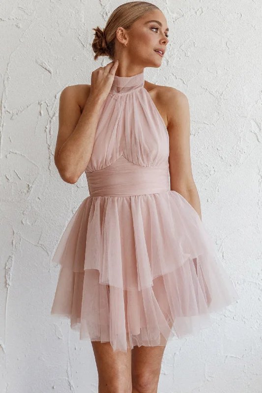 "Mother of the groom dresses for women in sophisticated designs"Andria Halterneck Tulle Mini Dress Blush "Mother of the groom dresses for women in sophisticated designs"Andria Halterneck Tulle Mini Dress Blush