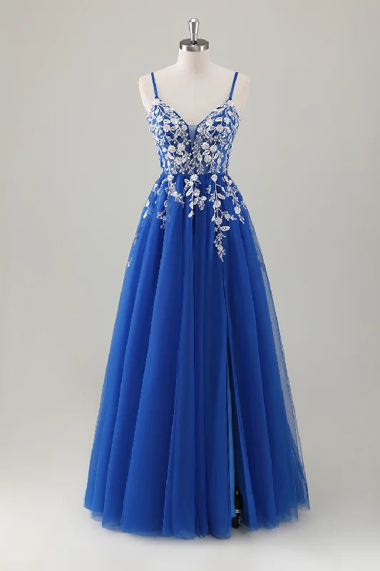 Strapless Cotton Dresses for Ladies' Beachside RelaxationRoyal Blue Ball-Gown Long Appliqued Prom Dress with Slit