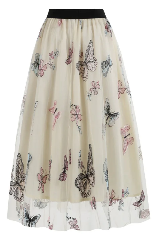 Dresses with Embroidered Stars and Sequined Dots for Ladies' Celestial and Playful LookApricot High Waist Print Chiffon Floral Loose Midi A Line Skirt