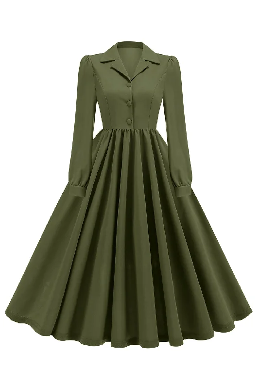 Dresses with Tassel Hem and Metallic Lace for Ladies' Boho and Luxurious LookArmy Green Notched Lapel Pleated 1950s Dress with Long Sleeves