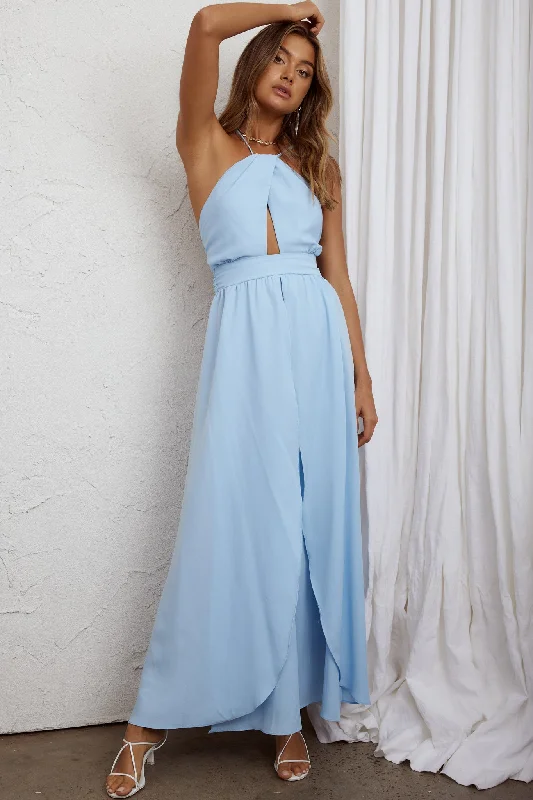 "Satin dresses for women for a luxurious appearance"Athena High Split Maxi Dress Steel Blue