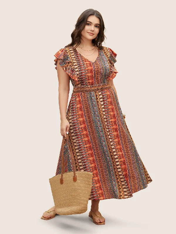 Vintage - Inspired Maxi Dresses with Puffed SleevesBandana Striped Shirred Ruffle Cap Sleeve Dress Vintage - Inspired Maxi Dresses with Puffed SleevesBandana Striped Shirred Ruffle Cap Sleeve Dress