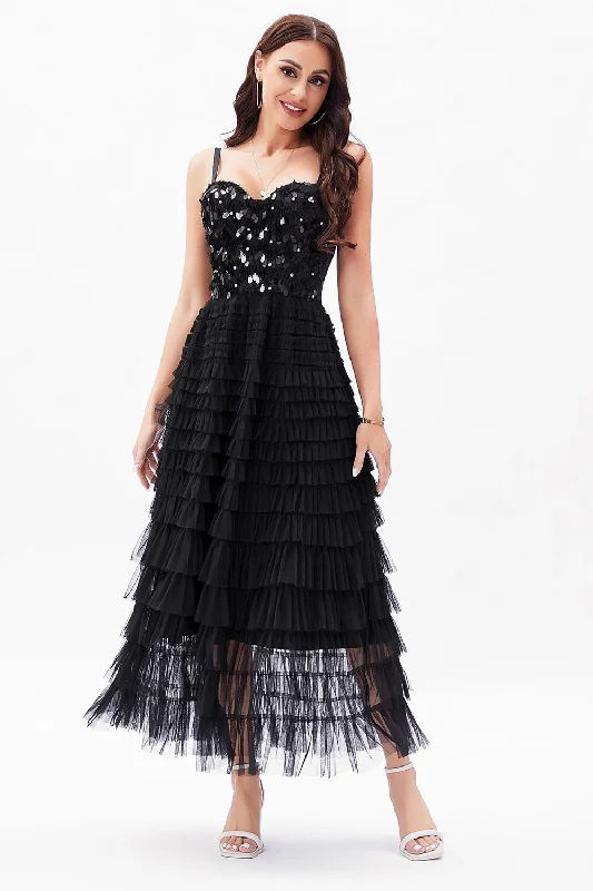 Dresses with Sheer Panels and Beaded Trim and Embroidered Paisley Patterns and Ruffled Hem for Ladies' Sultry and Exotic LookBlack A-Line Tulle Tiered Corset Party Dress