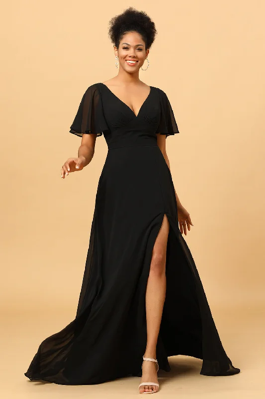 "Vintage - look women's dresses for a retro charm"Black Batwing Sleeves Long Chiffon Bridesmaid Dress "Vintage - look women's dresses for a retro charm"Black Batwing Sleeves Long Chiffon Bridesmaid Dress