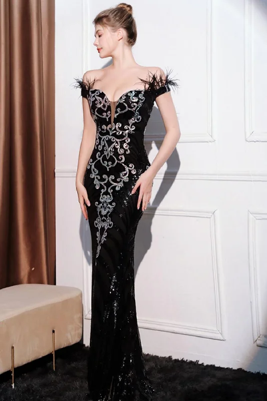 Dresses with Tiered Skirts for Ladies' Playful LookGlitter Black Mermaid Off the Shoulder Long Prom Dress with Feather