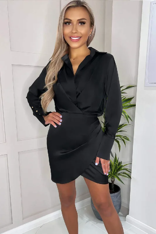 "Flash Sale: Grab Your Favorite Women's Dresses at Unbeatable Prices!"Black Satin Wrap Shirt Dress "Flash Sale: Grab Your Favorite Women's Dresses at Unbeatable Prices!"Black Satin Wrap Shirt Dress