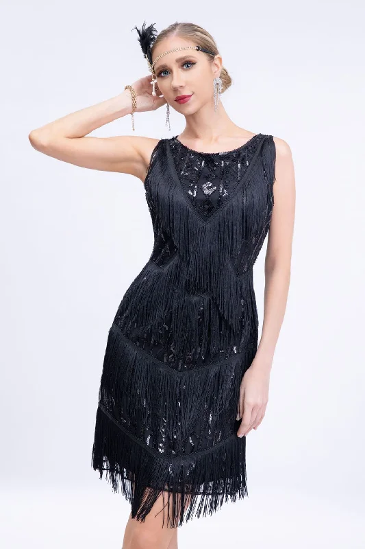 "A - line dresses for women to flatter the figure"Black Sequins Gatsby Fringed Flapper Dress "A - line dresses for women to flatter the figure"Black Sequins Gatsby Fringed Flapper Dress