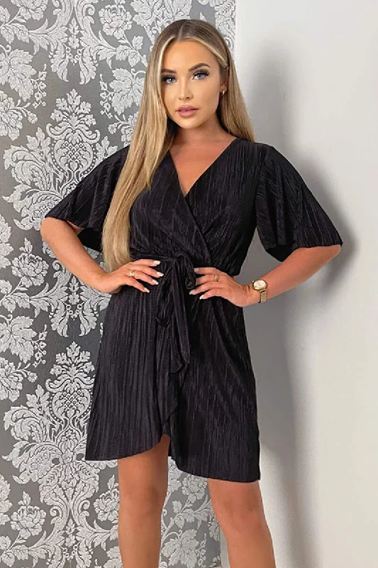 "Maxi dresses for women to wear in the fall"Black Wrap Top Belted Short Sleeve Plisse Mini Dress "Maxi dresses for women to wear in the fall"Black Wrap Top Belted Short Sleeve Plisse Mini Dress