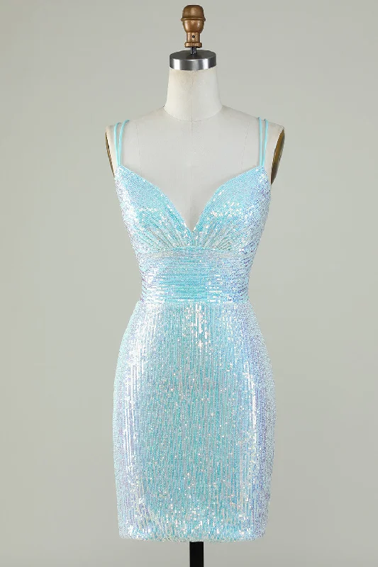 "New Arrivals Discount: 20% Off on Latest Women's Dress Collections"Bling Sheath Spaghetti Straps Light Blue Sequins Short Homecoming Dress with Criss Cross Back "New Arrivals Discount: 20% Off on Latest Women's Dress Collections"Bling Sheath Spaghetti Straps Light Blue Sequins Short Homecoming Dress with Criss Cross Back