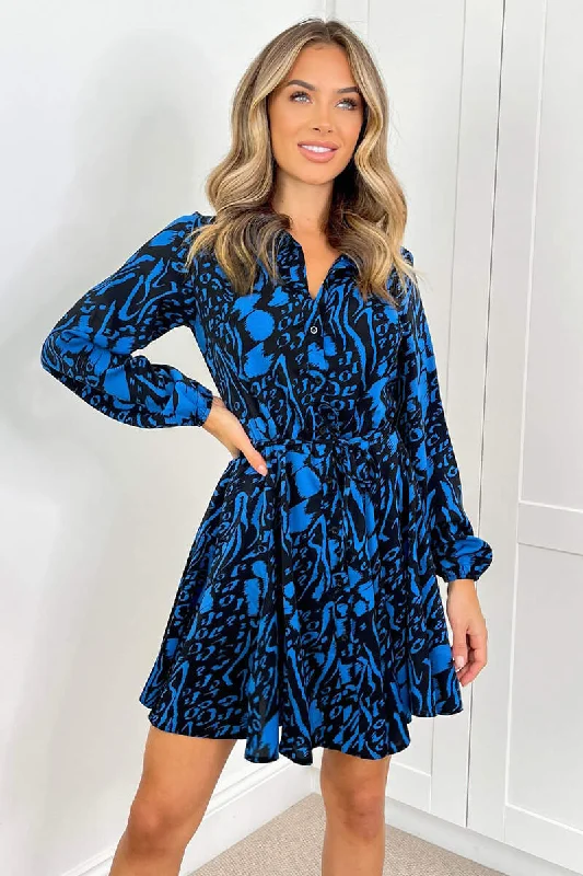 "Buy One, Get One 50% Off on Women's Dresses - Don't Miss Out!"Blue and Black Printed Tie Waist Shirt Dress "Buy One, Get One 50% Off on Women's Dresses - Don't Miss Out!"Blue and Black Printed Tie Waist Shirt Dress