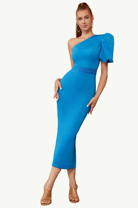 Dresses with Ruffled Sleeveless Top and Sequined Bodice for Ladies' Dramatic and Glamorous LookBlue One Shoulder Bodycon Party Dress