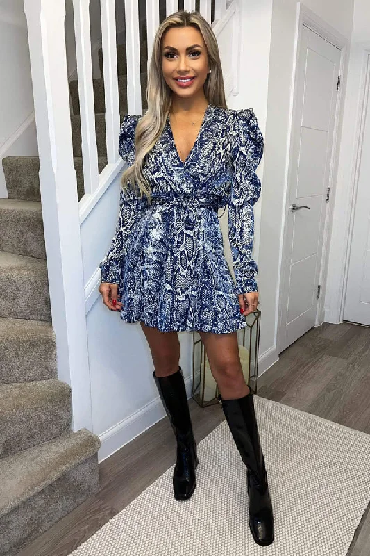 "Ruffled dresses for women for added femininity"Blue Snake Print Long Puff Sleeve Mini Dress "Ruffled dresses for women for added femininity"Blue Snake Print Long Puff Sleeve Mini Dress