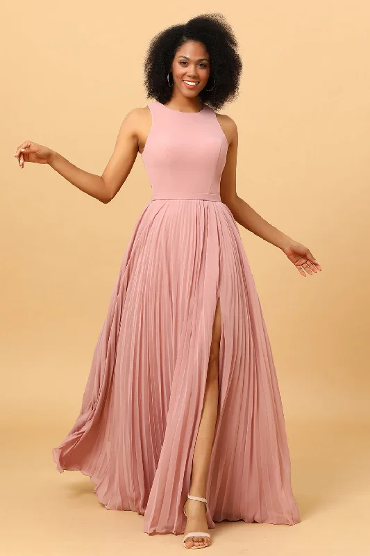 "White dresses for women for a fresh and clean look"Blush Long Chiffon Pleated Bridesmaid Dress with Slit "White dresses for women for a fresh and clean look"Blush Long Chiffon Pleated Bridesmaid Dress with Slit
