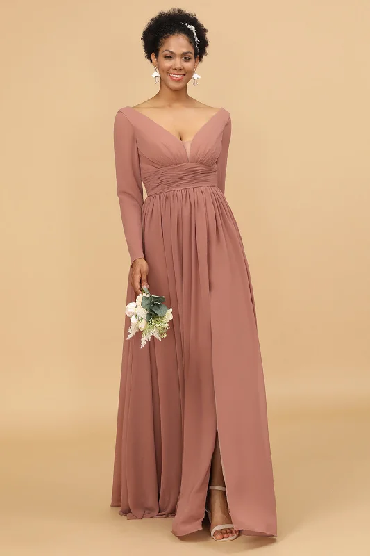 "Midi dresses for women with unique patterns"Blush V-Neck Long Sleeves Bridesmaid Dress "Midi dresses for women with unique patterns"Blush V-Neck Long Sleeves Bridesmaid Dress