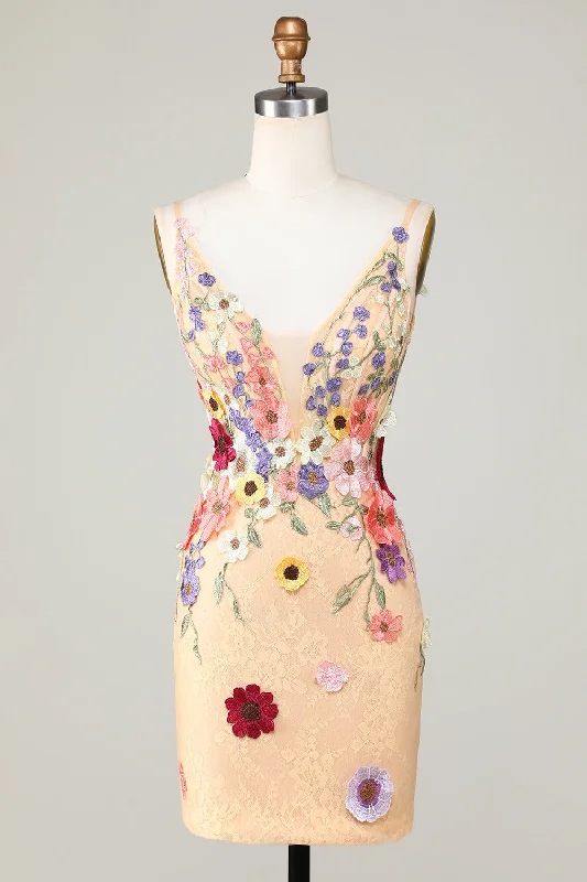 "New Arrivals Discount: 20% Off on Latest Women's Dress Collections"Bodycon Deep V-Neck Champagne Short Homecoming Dress with Appliques "New Arrivals Discount: 20% Off on Latest Women's Dress Collections"Bodycon Deep V-Neck Champagne Short Homecoming Dress with Appliques