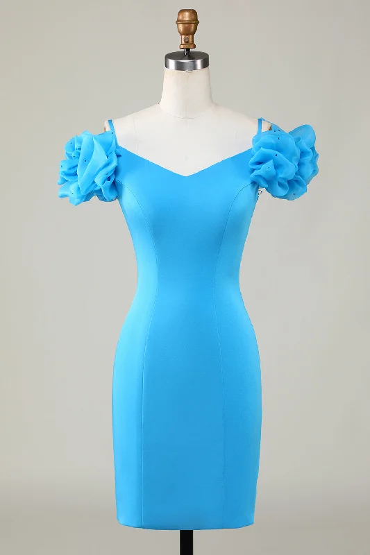 "Elegant wedding guest dresses for women under $100"Bodycon Off the Shoulder Blue Short Homecoming Dress with Ruffles "Elegant wedding guest dresses for women under $100"Bodycon Off the Shoulder Blue Short Homecoming Dress with Ruffles