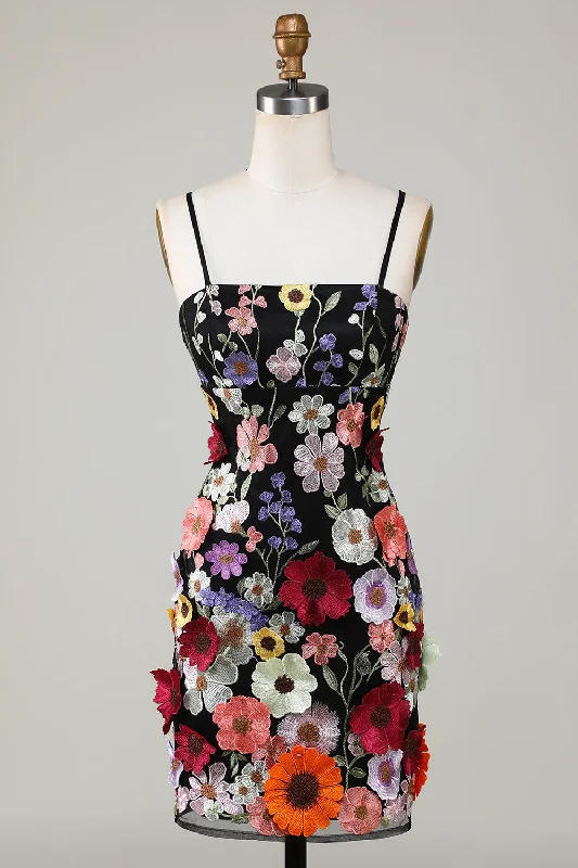 "A - line dresses for women to flatter the figure"Bodycon Spaghetti Straps Black Homecoming Dress with 3D Flowers "A - line dresses for women to flatter the figure"Bodycon Spaghetti Straps Black Homecoming Dress with 3D Flowers