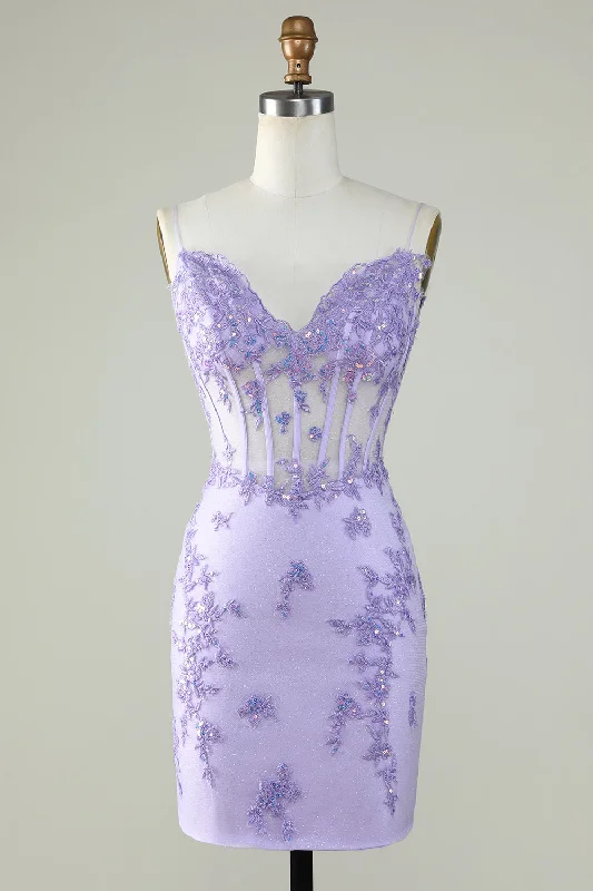 "Vintage - look women's dresses for a retro charm"Bodycon Spaghetti Straps Purple Corset Homecoming Dress with Appliques "Vintage - look women's dresses for a retro charm"Bodycon Spaghetti Straps Purple Corset Homecoming Dress with Appliques