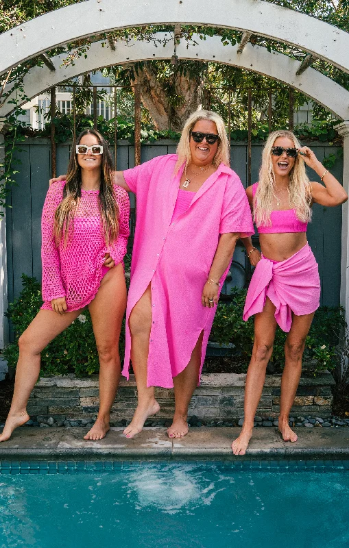 Plus - Size Maxi Dresses with Slimming EffectsBuoy Button Down Dress ~ Hot Pink Crinkle Flow