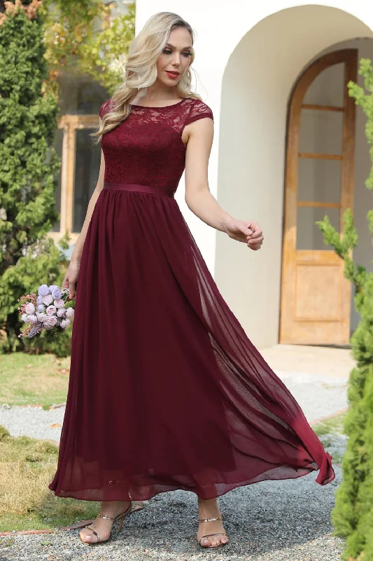 Halter Neck Sleeveless Dresses for Ladies' Outdoor ActivitiesBurgundy Cap Sleeves Chiffon Bridesmaid Dress