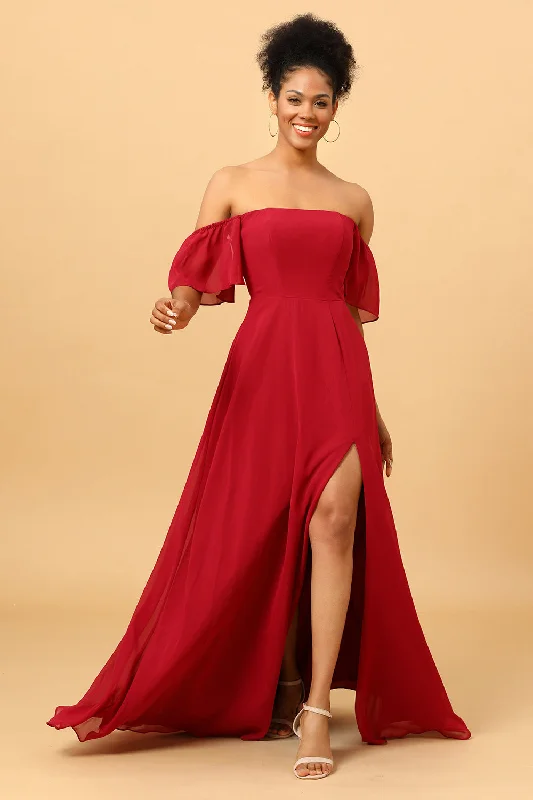 "Work - appropriate dresses for professional women"Burgundy Off the Shoulder Chiffon Bridesmaid Dress with Slit "Work - appropriate dresses for professional women"Burgundy Off the Shoulder Chiffon Bridesmaid Dress with Slit