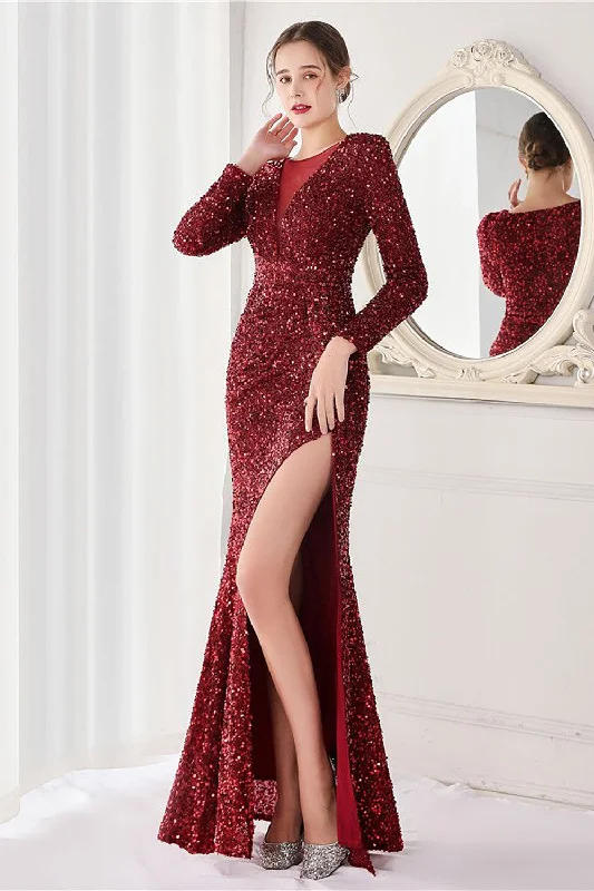 "Plus size wedding dresses for women with a perfect fit"Burgundy Sequined Long Sleeves Evening Dress with Slit "Plus size wedding dresses for women with a perfect fit"Burgundy Sequined Long Sleeves Evening Dress with Slit