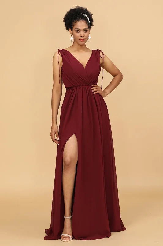 "T - shirt dresses for women for ultimate comfort"Burgundy V-Neck Lace Up Bridesmaid Dress With Slit