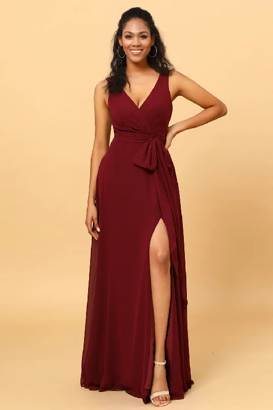 "Stylish cocktail dresses for women on a budget"Burgundy Wrap Chiffon Bridesmaid Dress with Slit