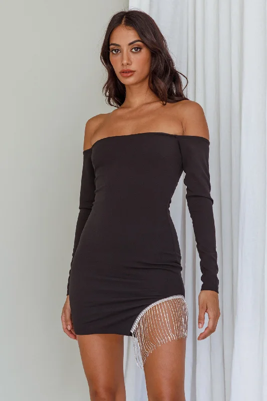 Dresses with Sheer Panels for Ladies' Sultry and Alluring LookCall On Me Diamante Off-Shoulder Mini Dress Black