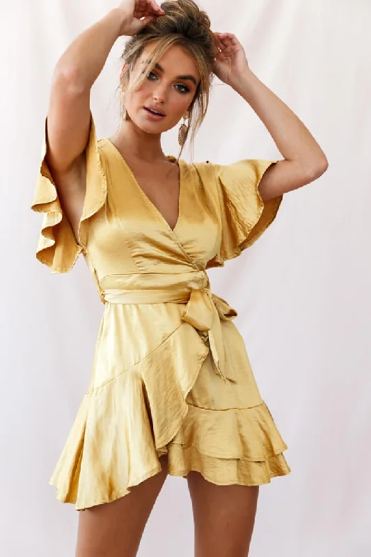 Dresses with Tassel Hem and Metallic Lace for Ladies' Boho and Luxurious LookCami Angel Sleeve Faux Wrap Dress Mustard