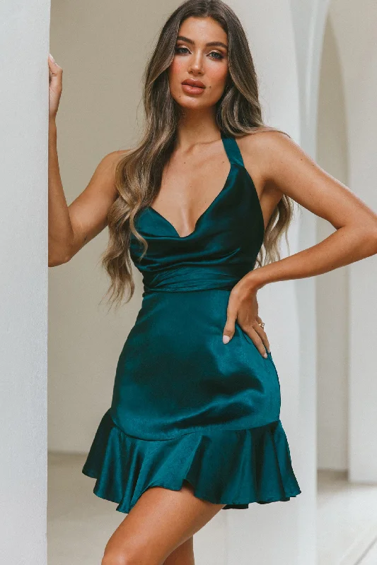 "Petite women's dresses with flattering fits"Champs Elysees Halterneck Ruffle Hem Mini Dress Forest Green "Petite women's dresses with flattering fits"Champs Elysees Halterneck Ruffle Hem Mini Dress Forest Green