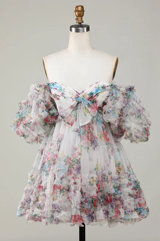 "Ruffled dresses for women for added femininity"Ivory Floral Printed A-Line Puff Sleeves Short Tulle Homecoming Dress "Ruffled dresses for women for added femininity"Ivory Floral Printed A-Line Puff Sleeves Short Tulle Homecoming Dress
