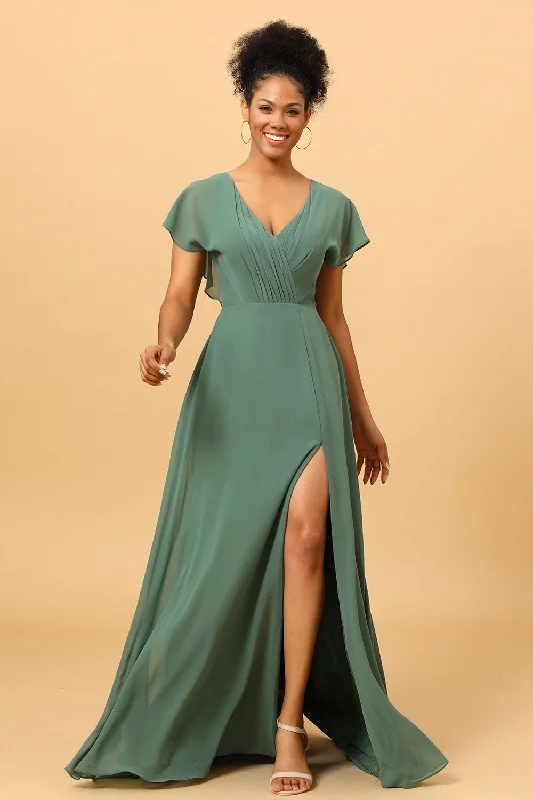 "Plus size formal dresses for women for special events"Chiffon A-line Green Bridesmaid Dress with Slit "Plus size formal dresses for women for special events"Chiffon A-line Green Bridesmaid Dress with Slit