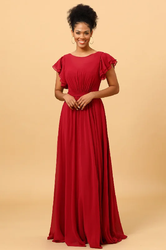 "New Arrivals Discount: 20% Off on Latest Women's Dress Collections"Chiffon Burgundy Bridesmaid Dress with Ruffles Sleeves
