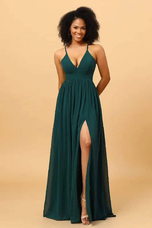 "Limited - Time Offer: Up to 50% Off on Women's Dresses!"Chiffon Spaghetti Straps Green Bridesmaid Dress with Slit