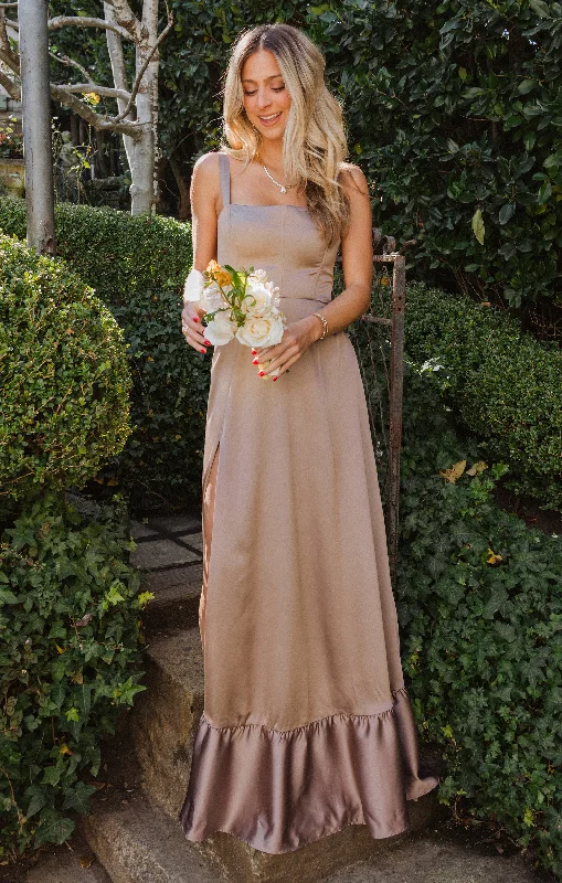 Earthy Brown Maxi Dresses for a Natural LookClarissa Corset Dress ~ Dune Luxe Satin
