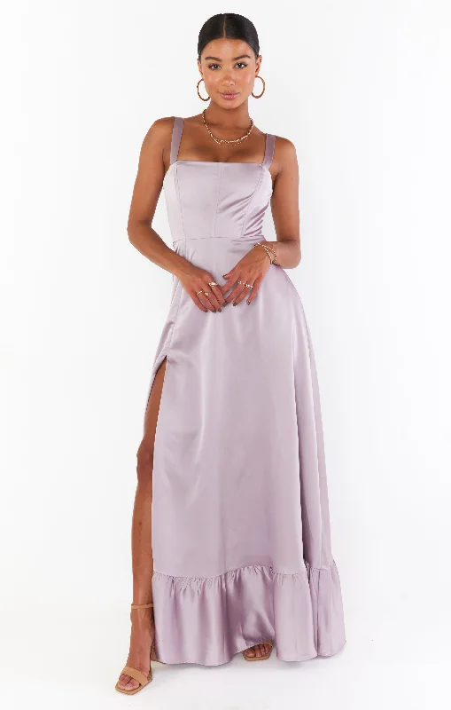 Maxi Dresses with Metallic Thread Embroidery for a Shiny and Luxurious LookClarissa Corset Dress ~ Dusty Purple Luxe Satin Maxi Dresses with Metallic Thread Embroidery for a Shiny and Luxurious LookClarissa Corset Dress ~ Dusty Purple Luxe Satin