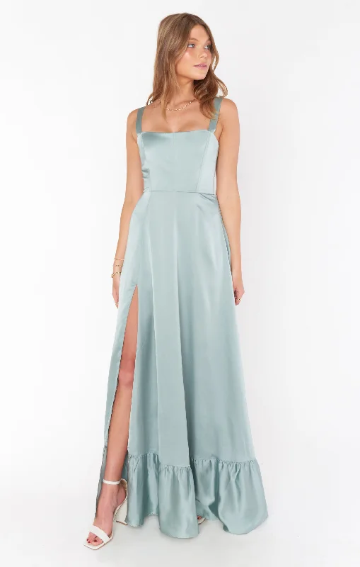 Royal Purple Maxi Dresses for a Regal AppearanceClarissa Corset Dress ~ Silver Sage Luxe Satin