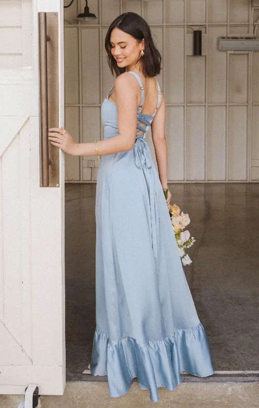 Maxi Dresses with Metal Accessories for a Trendy EdgeClarissa Corset Dress ~ Steel Blue Luxe Satin