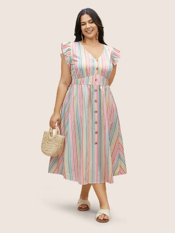Maxi Dresses with Metallic Thread Embroidery for a Shiny and Luxurious LookColored Striped Button Detail Ruffles Dress Maxi Dresses with Metallic Thread Embroidery for a Shiny and Luxurious LookColored Striped Button Detail Ruffles Dress