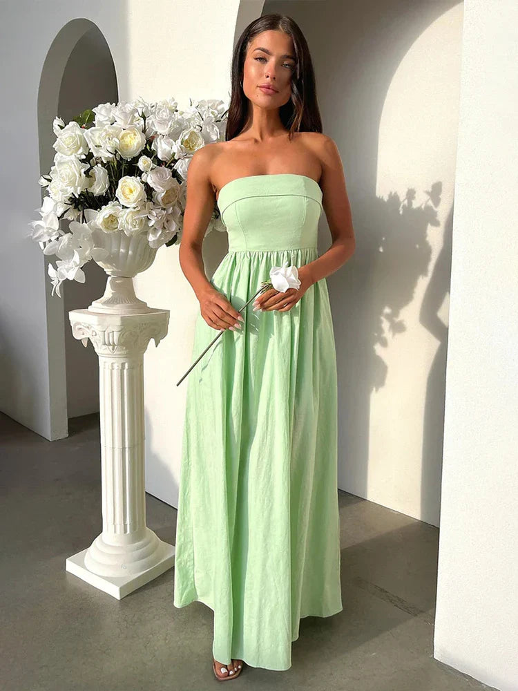 Retro - Style Bubble - Sleeve Maxi DressesPleated A-line Long Off Shoulder Backless Nightclub Spring Summer Maxi Dress
