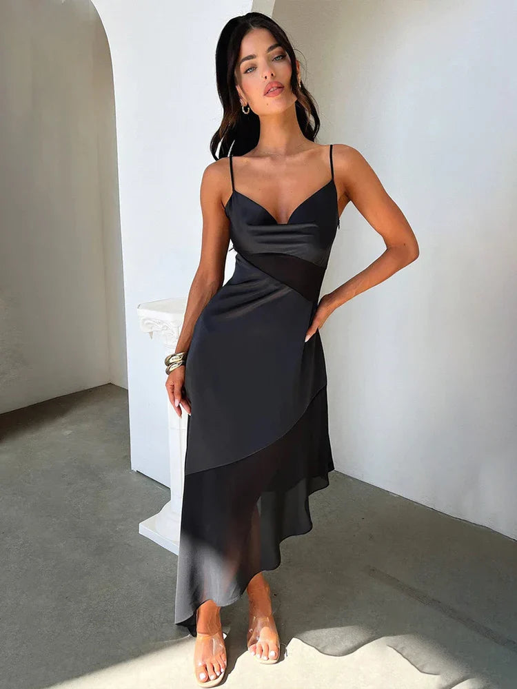 Comfortable Cotton - Linen Maxi Dresses for Everyday WearMesh Patchwork Long Spaghetti Strap Asymmetric Sexy Spring Summer Maxi Dress