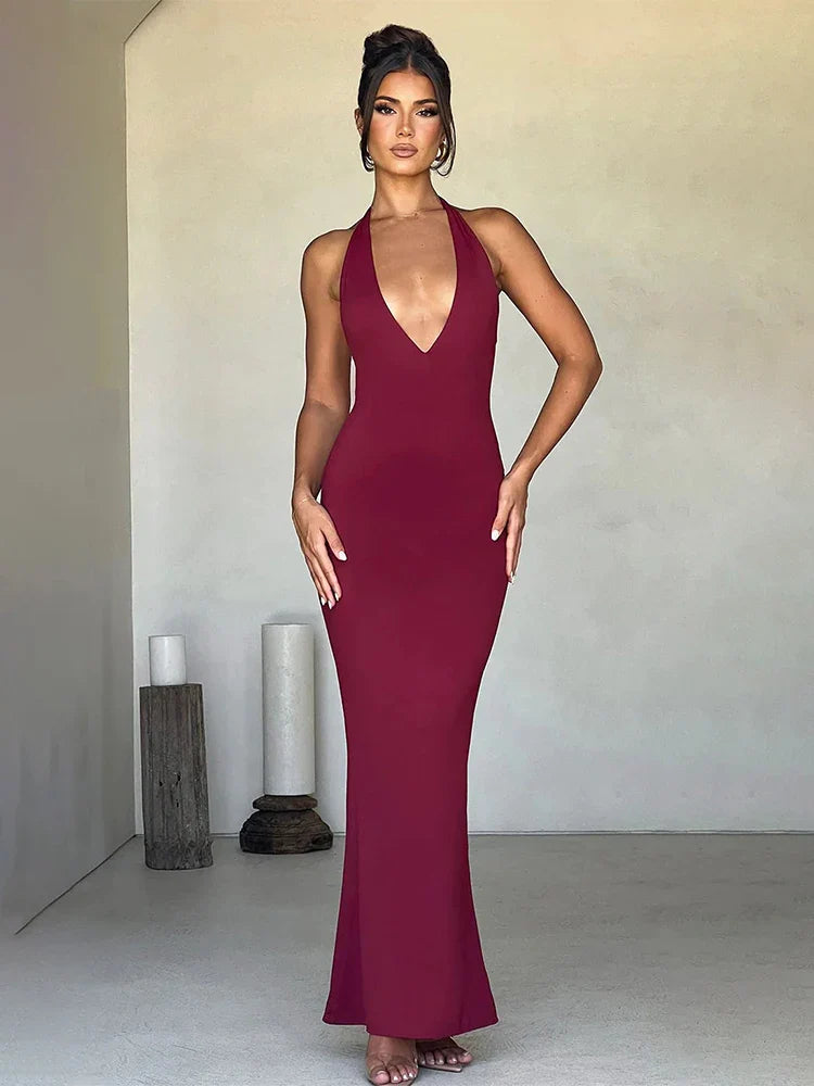 Off - the - Shoulder Maxi Dresses for Evening PartiesBodycon Mermaid Long Halter Backless Nightclub Sexy Spring Summer Maxi Dress