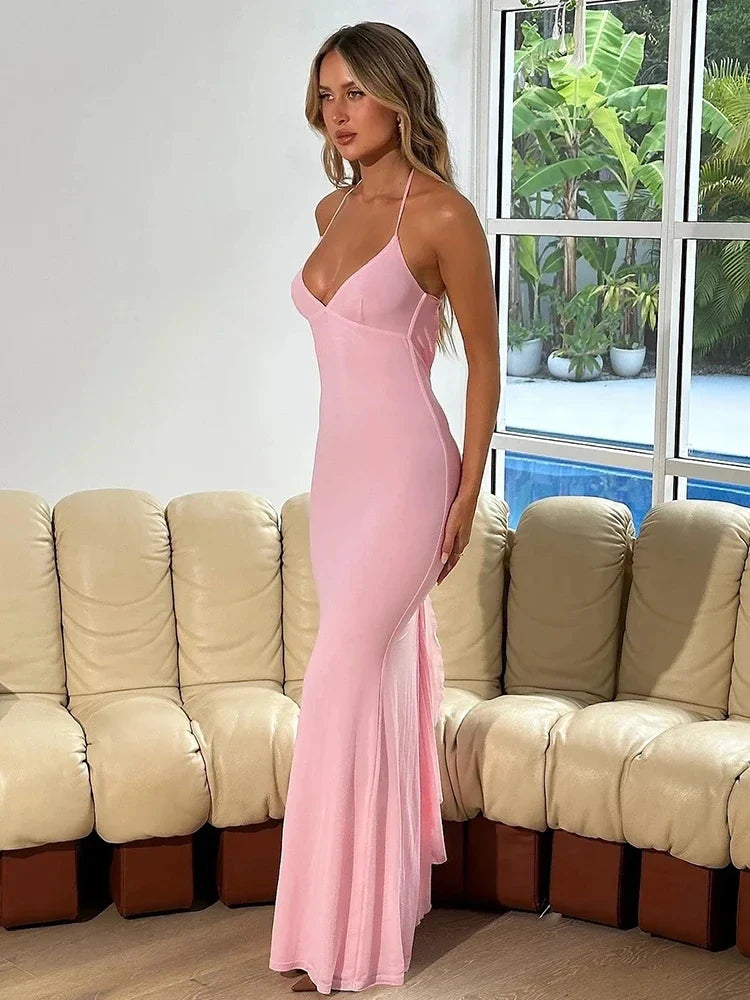 Fairy - Like Tulle Maxi Dresses for Special OccasionsMermaid Bodycon Elegant Long Halter Backless Nightclub Sexy Summer Maxi Dress