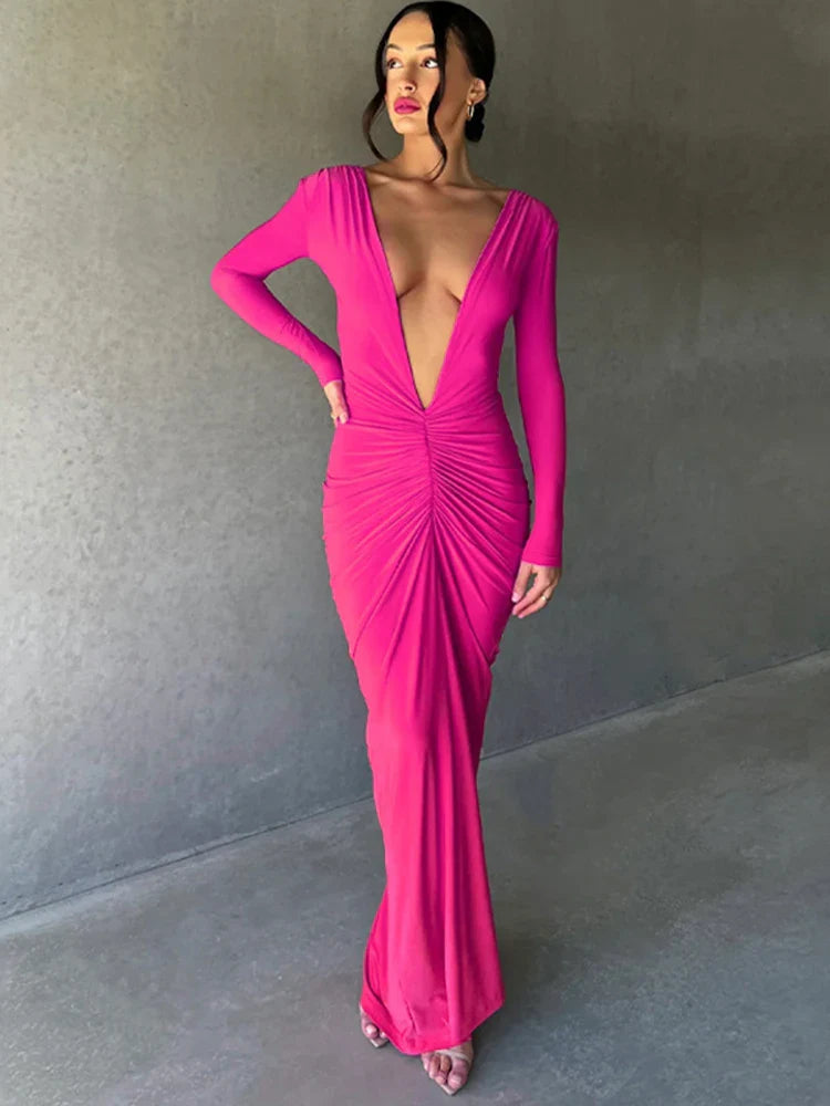 Maxi Dresses with Ruffled Trim for a Sweet and Girly LookDeep V Neck Mermaid Slim Bodycon Nightclub Sexy Autumn Winter Long Maxi Dress