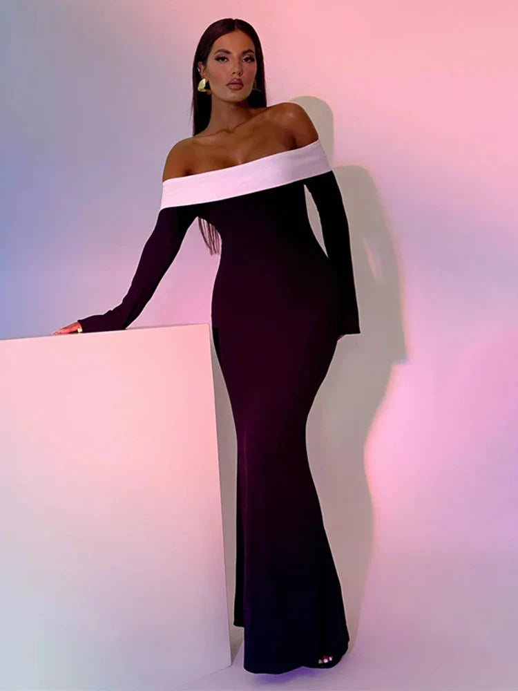 Maxi Dresses for Bridal ShowersPatchwork Long Off Shoulder Nightclub Sexy Autumn Winter Maxi Dress