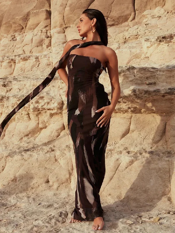 Sturdy Canvas Maxi Dresses for Outdoor AdventuresScarf Print Bodycon Long Backless Nightclub Sexy Spring Summer Maxi Dress